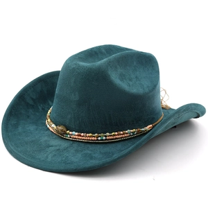 Detail of western suede cowboy hat featuring ethnic colorful beaded band and rolled brim