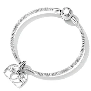 925 silver mesh bracelet with cylindrical clasp and heart charm featuring hand engraving