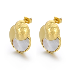 Minimalist golden stainless steel stud earrings with white round shell inlay design