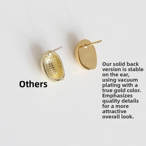 Detailed view of solid back gold oval stud earrings featuring vacuum plating and high quality
