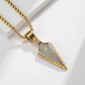 Golden Horus Eye and Ankh arrow pendant necklace with stainless steel box chain