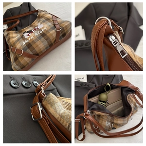 Detail shots of brown plaid tote bag featuring canvas leather texture and hardware parts
