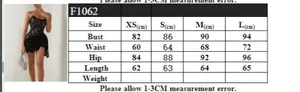 Detailed size chart for lace mini dress showing bust waist and hip measurements in cm