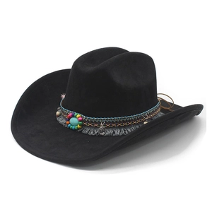 Ethnic style black suede cowboy hat with colorful beaded band and turquoise stone detail