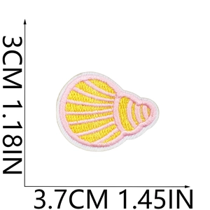 Detailed dimensions of pink and yellow shell embroidered patch measuring 3x3.7cm
