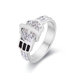 Silver belt buckle ring with micro-pave crystals and black stripes for couples