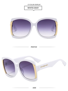Detail view of white square frame sunglasses with gradient lenses and gold star accents