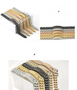 Detail of solid stainless steel watch band in silver, gold, rose gold and black finishes