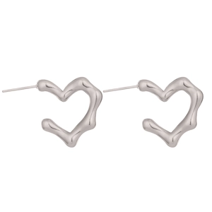 Detail shot of heart stud earrings in polished silver steel with textured wavy pattern