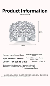Detailed specs of Lace Snowflake S925 silver ring with moissanite dimensions 14mm by 20mm