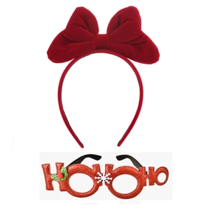 Set de Noël avec serre-tête nœud en velours rouge et lunettes festives à paillettes HO HO HO