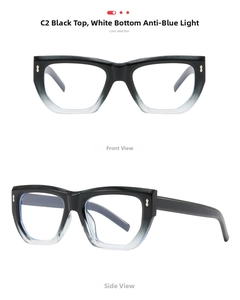 Detail of square gradient black and white anti-blue light glasses with silver rivets
