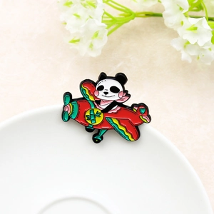 Creative Cartoon Panda Pilot Enamel Brooch Pin Red Helicopter Airplane Alloy Badge For Clothes Bag Decoration Women Kids Jewelry