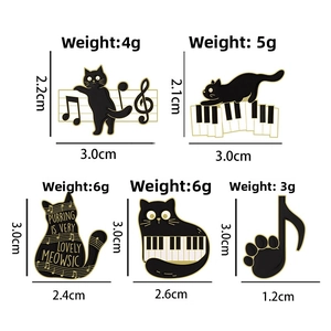 Detailed size chart for cartoon black cat music enamel pins with weights and dimensions
