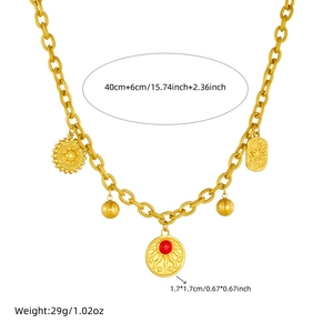 Gold plated stainless steel necklace set with sun pendants and ruby charm details