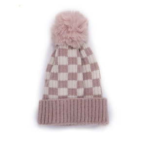 Bonnet en tricot à damier rose et blanc avec un grand pompon doux pour enfants