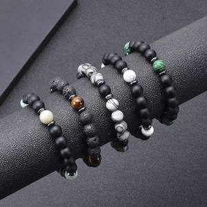 Set of 5 natural stone beaded bracelets including tiger eye and black lava for men and women