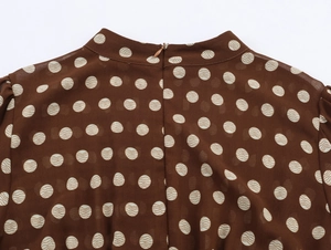Detail of brown polka dot dress with back high collar and concealed zipper closure