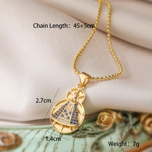 18K gold-plated Virgin Mary pendant necklace with blue pavé zircons and 45cm bead chain