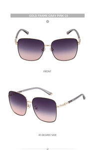 Vorder- und Seitenansicht der Goldrahmen-Sonnenbrille mit grau-rosa Verlaufsgläsern