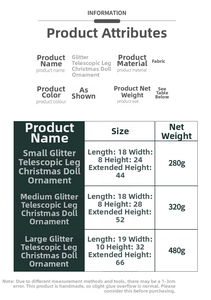 Size chart showing dimensions for small, medium, and large sequin Christmas plush dolls