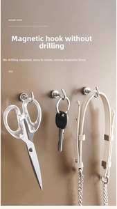 Heavy duty silver magnetic hooks holding scissors and keys on a brown surface