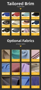 Custom baseball cap options featuring various brim styles and fabric material choices