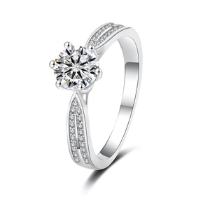 Classic S925 sterling silver ring with six-prong moissanite and side diamond accents