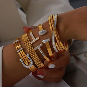British style gold plated titanium steel geometric bracelet set with pavé zircon