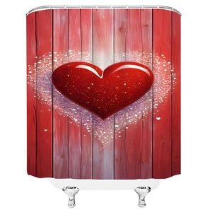 Artistic shower curtain with 3D red heart on dark wood texture background for Valentine