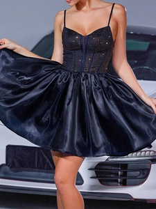 Elegant black rhinestone corset party dress with satin ruffled mini skirt and thin straps