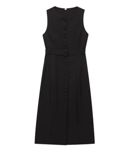 Detail of black sleeveless button-down midi dress with matching waist belt on white background