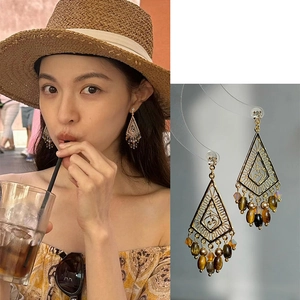 Ethnic rhombus drop earrings with tiger eye stone and hollow metal geometric design