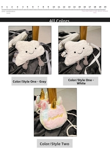 Detail view of plush cloud bags in star and unicorn shapes with embroidery details