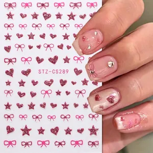 Pink glitter nail art stickers with hearts and bows patterns model STZ-CS289