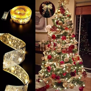 LED Christmas Ribbon String Lights Organza Mesh Fabric Stars Notes Pattern Fairy Lights For Holiday Tree Decor Party