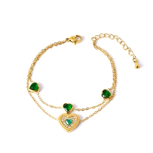 Golden double-layer bracelet with green heart gemstone and zircon heart pendant
