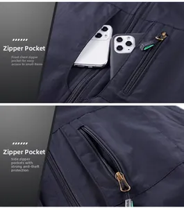 Detail of multi-pocket tactical vest showing large zippered storage for mobile phones