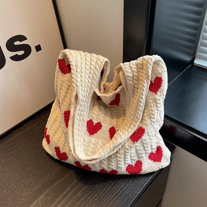 Heart Pattern Knit Tote Bag Handmade Polyester Woven Shoulder Underarm Bag For Women Casual Daily