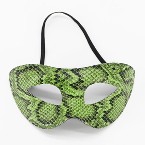 Detail of green snake skin texture masquerade mask with elastic strap on white background