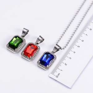 Hip hop stainless steel necklace with rectangular ruby emerald and sapphire pendants