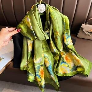 Écharpe Longue Pour Femmes Châle Style Chinois Imprimé Floral Lotus Satin De Satin Artificielle Léger Élégant Rétro Polyvalent