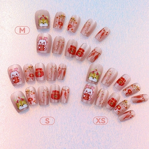 Short cat eye false nails with festive red lanterns and fireworks patterns for Lunar New Year