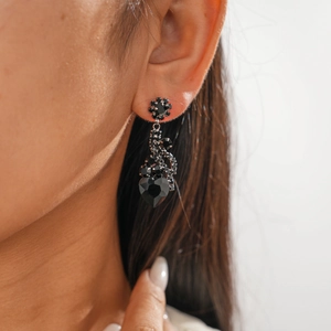 Gros plan de boucles d'oreilles cœur en cristal noir de style vintage sur mannequin