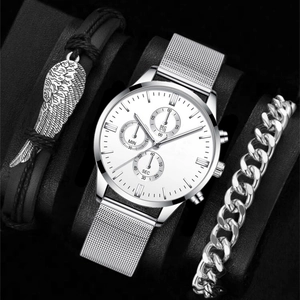 Detail of silver mesh watch set with wing pendant leather bracelet and cuban link chain