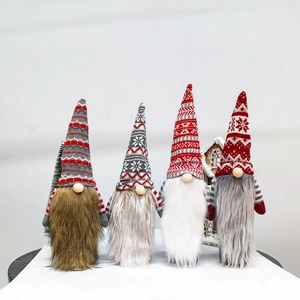 Detail of four Christmas gnome wine bottle toppers with knitted hats and long faux fur beards