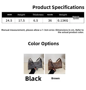 Detailed size chart and dimensions for leopard print shoulder bags in black and brown