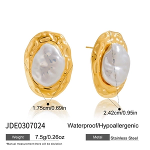 Detail view of gold-plated stainless steel floral earrings with size dimensions and specs