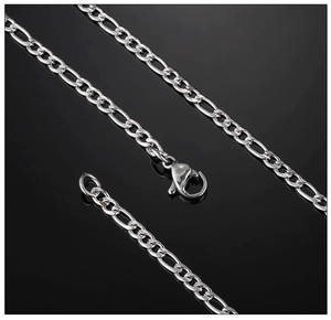 Detail of 3mm stainless steel Figaro chain with secure lobster clasp on black background