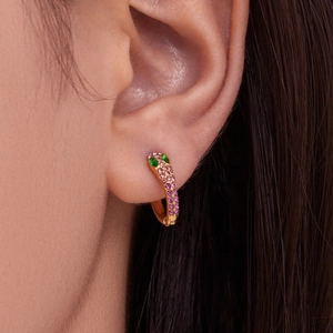 18k gold plated snake hoop earrings with pink diamonds and green zircon eyes